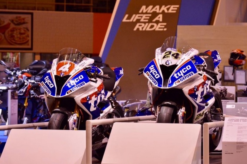 Hutchinson's & Iddon's bikes on the BMW Motorrad stand at the NEC before the theft